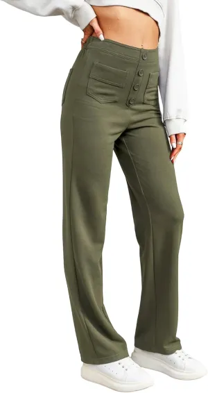 LAFOURAM Women's Straight Leg Pants High Waisted Business Casual Work Trousers with Pockets
