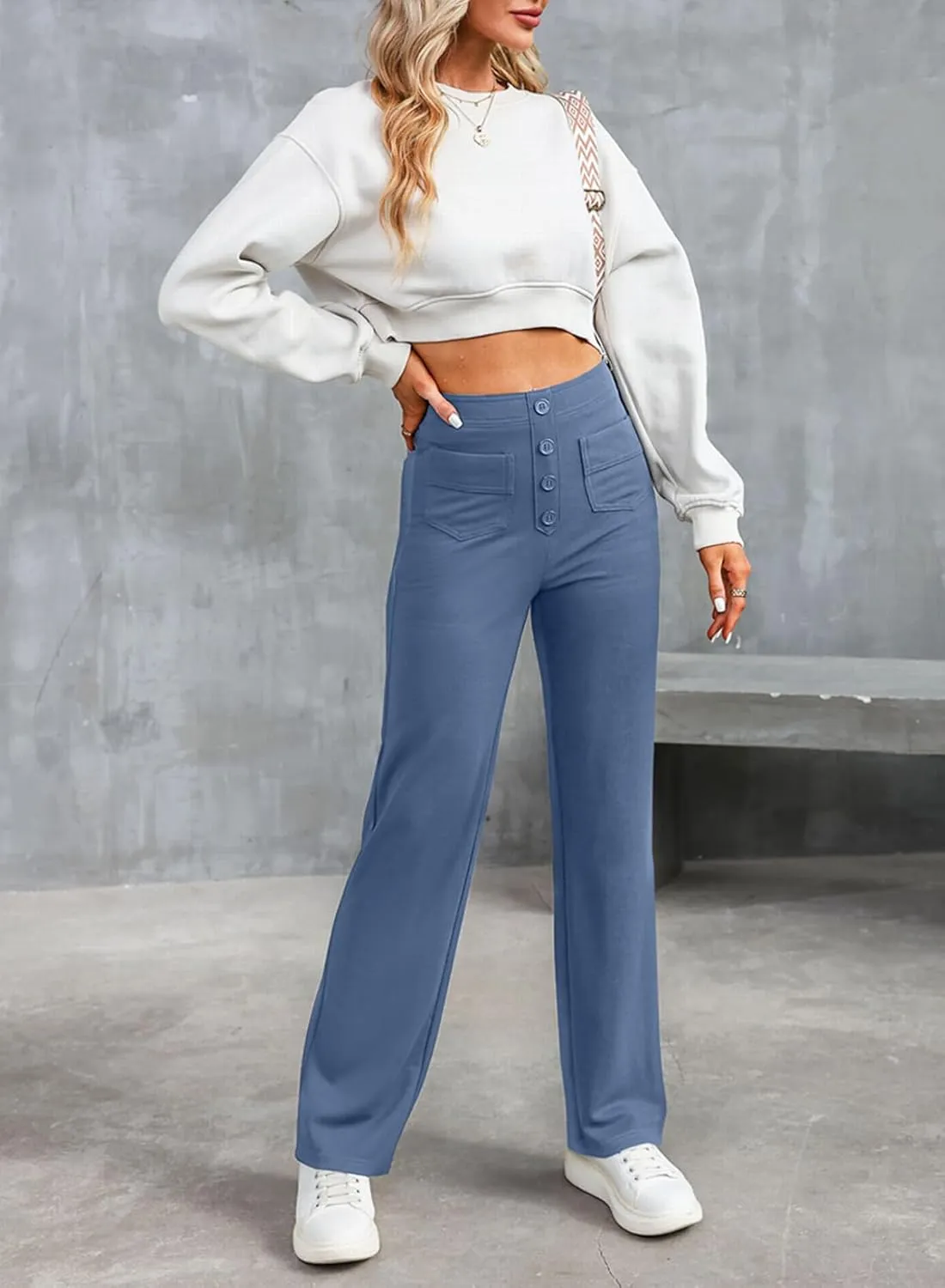 LAFOURAM Women's Straight Leg Pants High Waisted Business Casual Work Trousers with Pockets