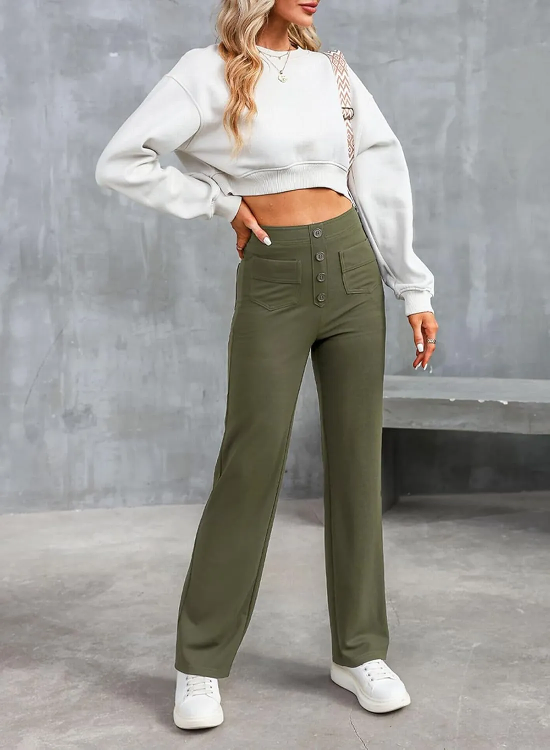 LAFOURAM Women's Straight Leg Pants High Waisted Business Casual Work Trousers with Pockets