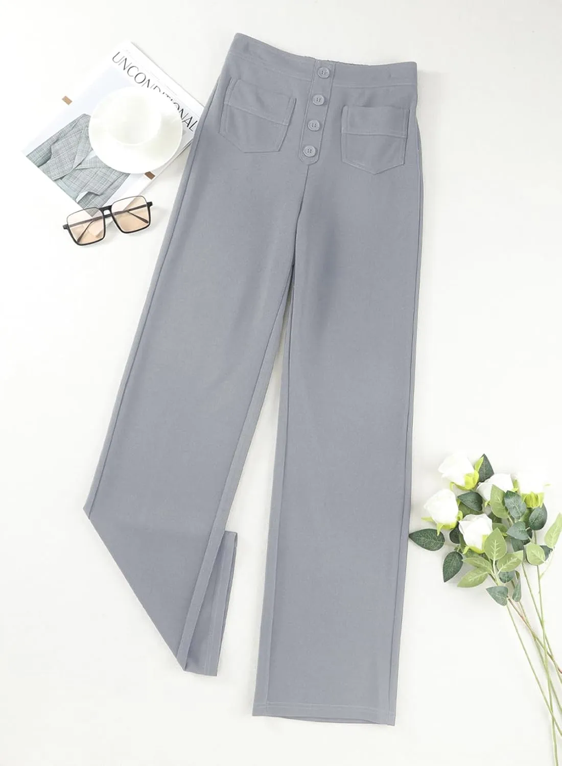 LAFOURAM Women's Straight Leg Pants High Waisted Business Casual Work Trousers with Pockets