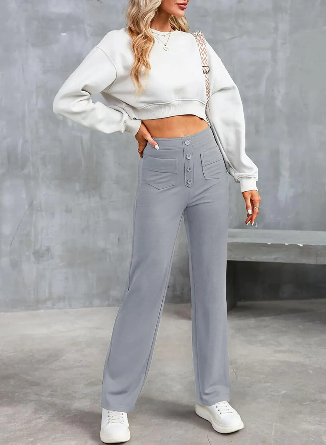 LAFOURAM Women's Straight Leg Pants High Waisted Business Casual Work Trousers with Pockets