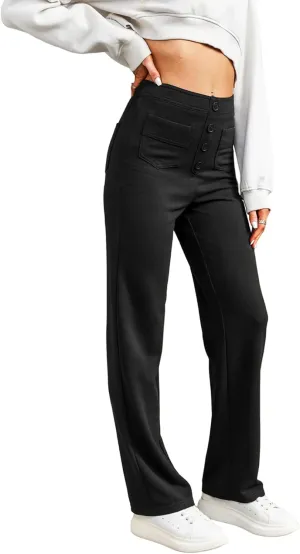 LAFOURAM Women's Straight Leg Pants High Waisted Business Casual Work Trousers with Pockets