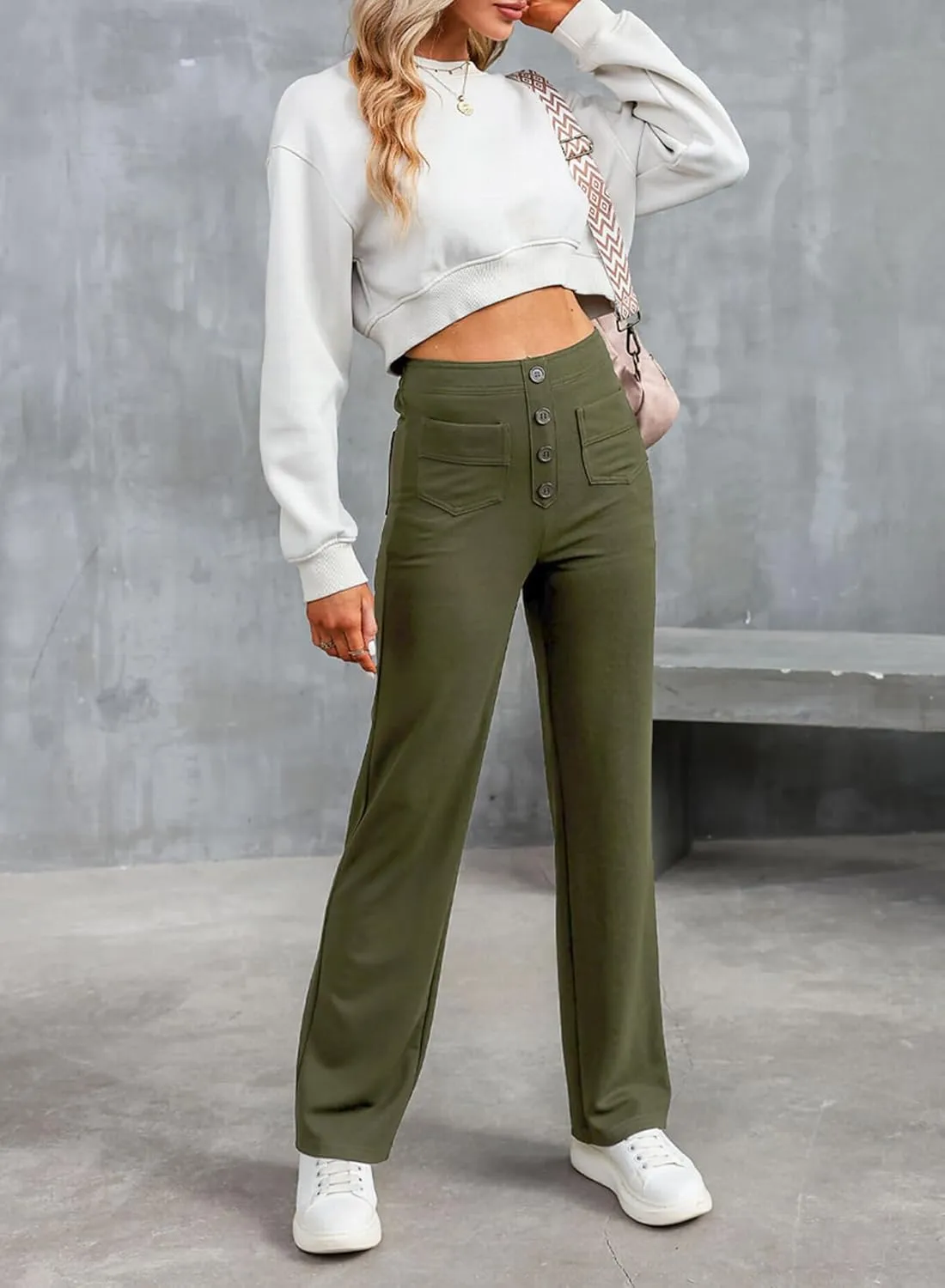 LAFOURAM Women's Straight Leg Pants High Waisted Business Casual Work Trousers with Pockets