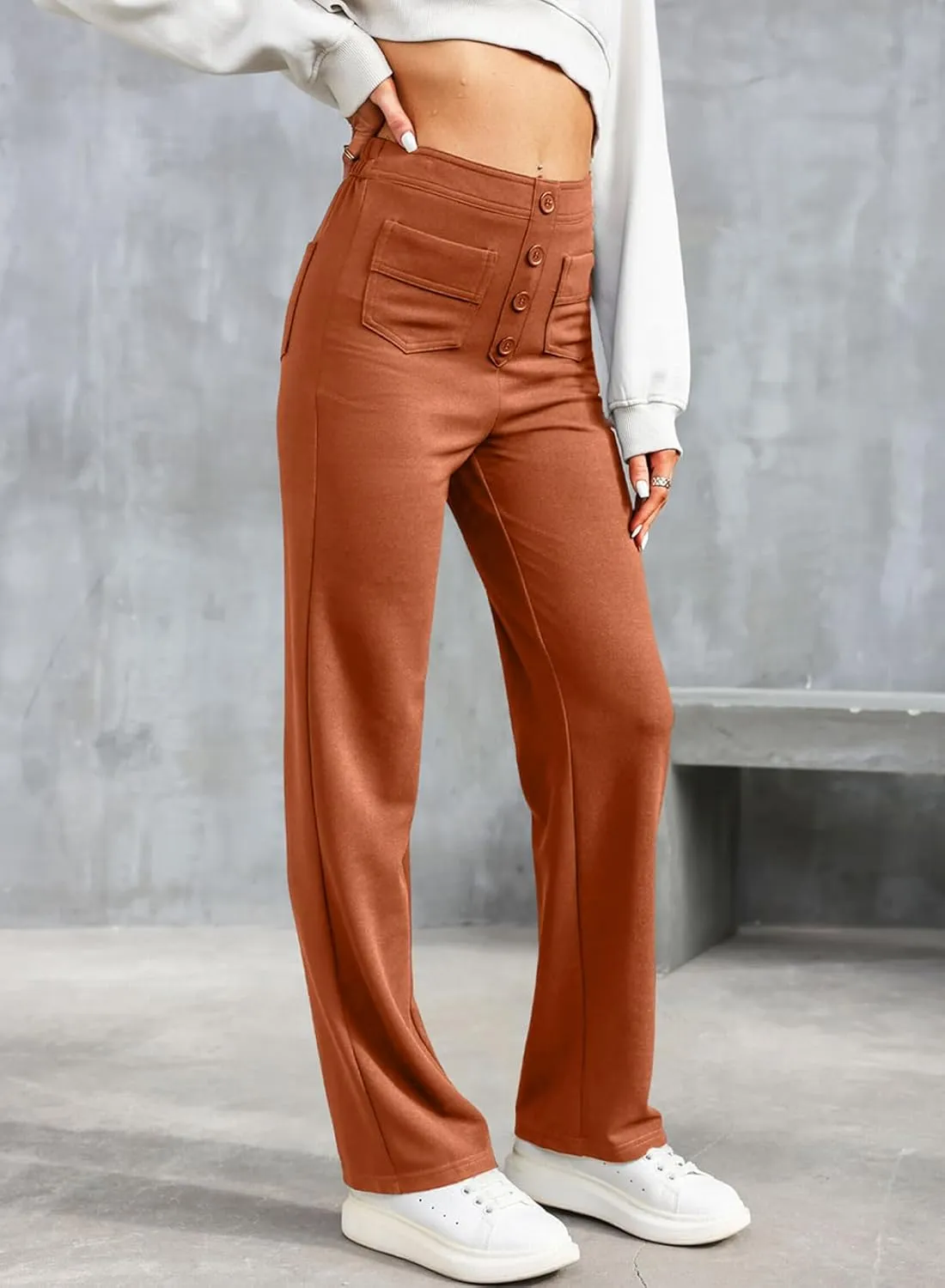 LAFOURAM Women's Straight Leg Pants High Waisted Business Casual Work Trousers with Pockets