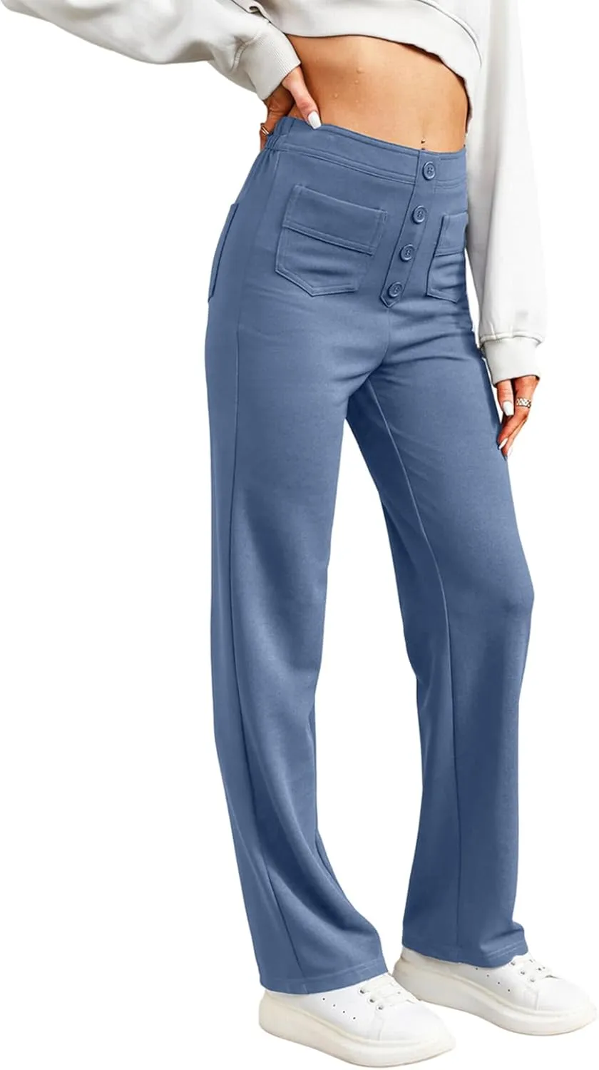 LAFOURAM Women's Straight Leg Pants High Waisted Business Casual Work Trousers with Pockets