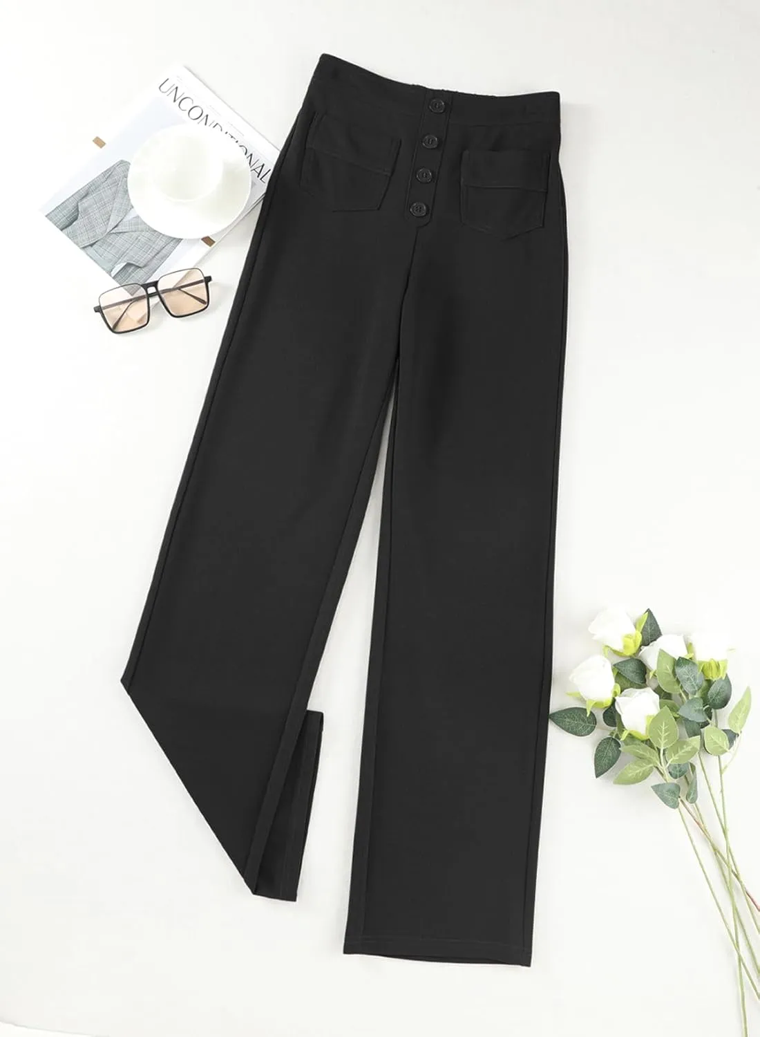LAFOURAM Women's Straight Leg Pants High Waisted Business Casual Work Trousers with Pockets