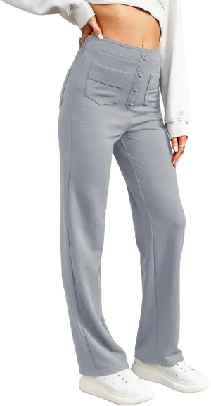 LAFOURAM Women's Straight Leg Pants High Waisted Business Casual Work Trousers with Pockets