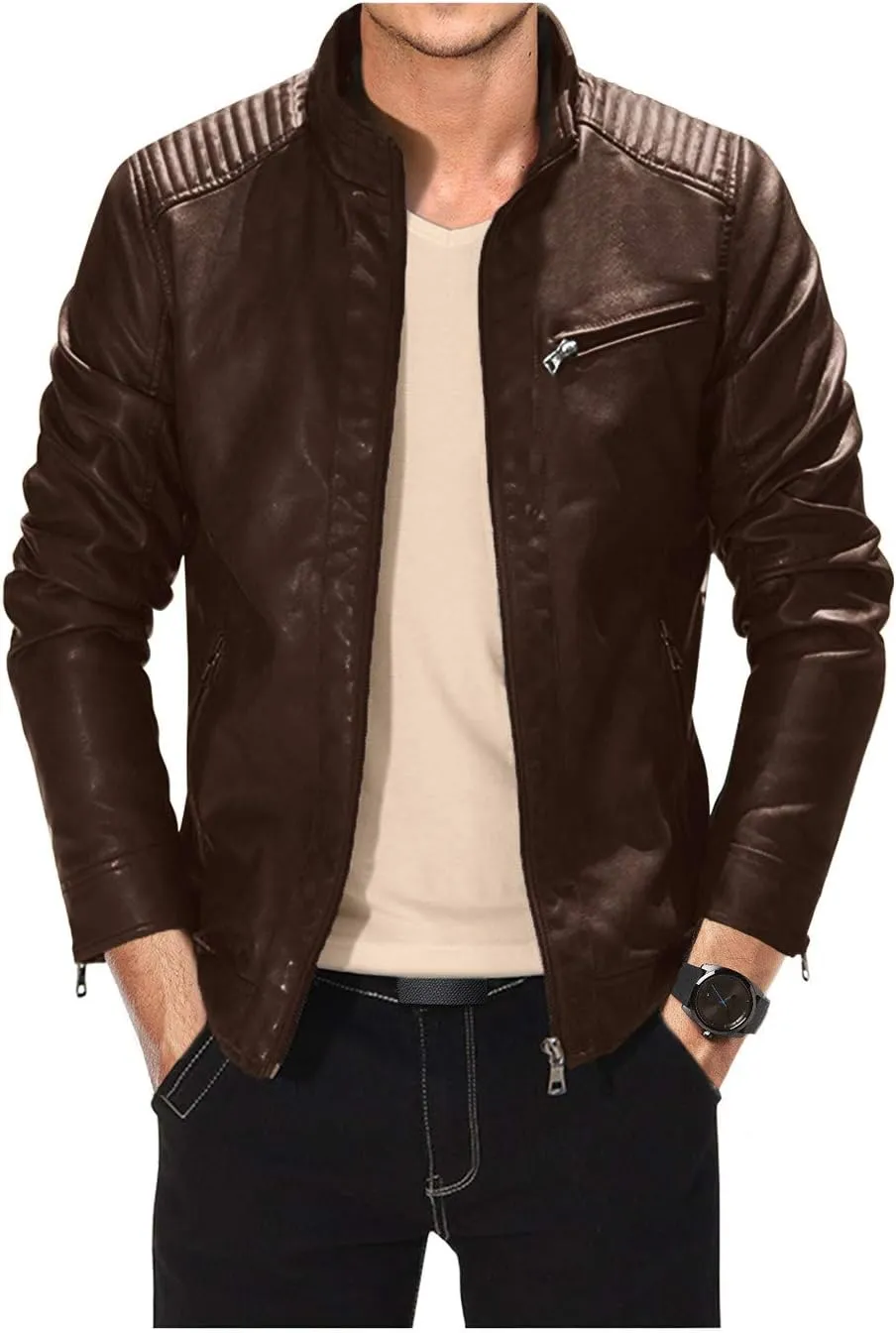 Leather Jacket Men Black Slim Fit Motorcyle Lightweight