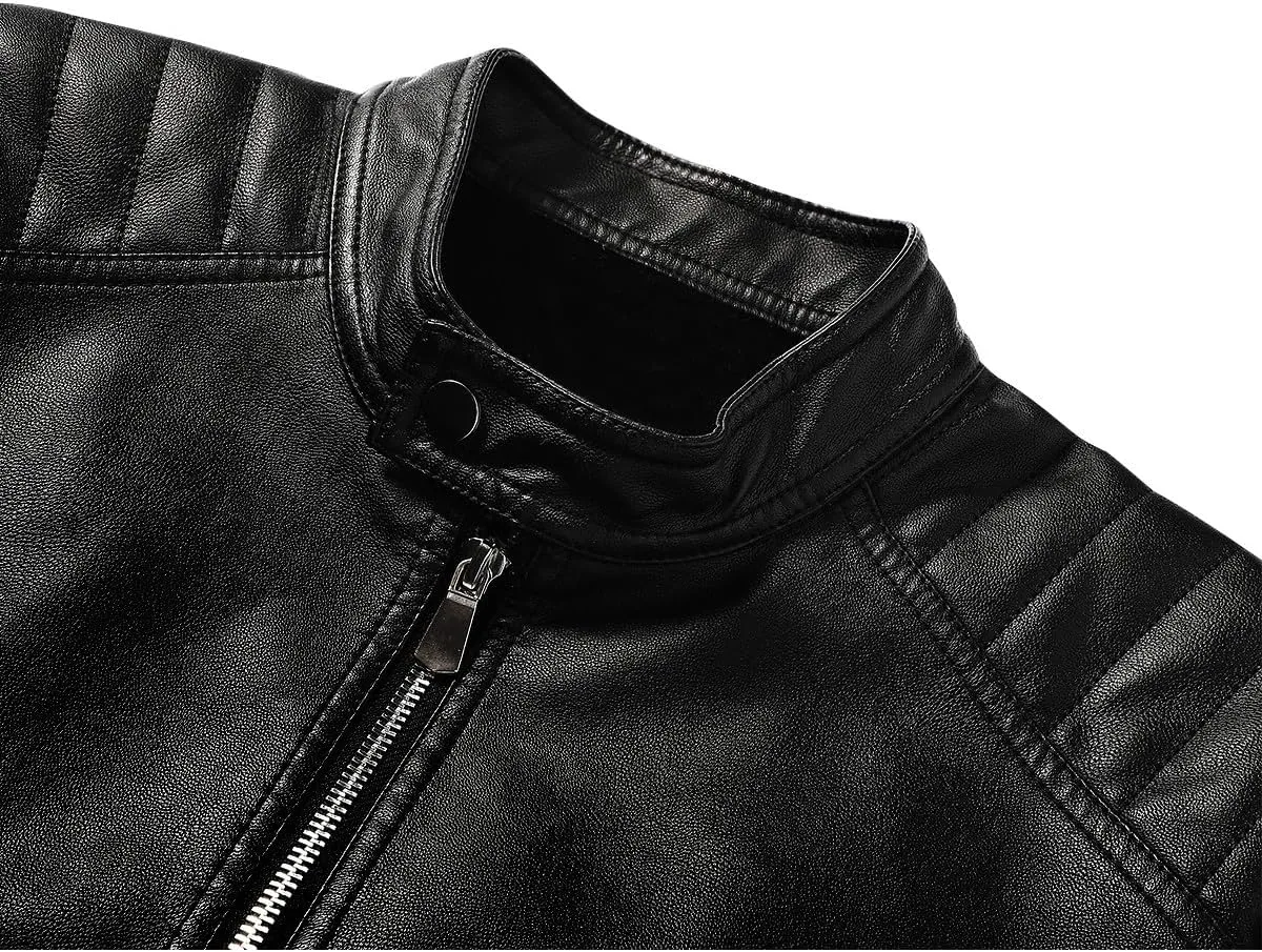 Leather Jacket Men Black Slim Fit Motorcyle Lightweight
