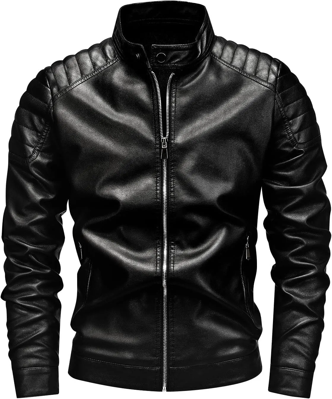 Leather Jacket Men Black Slim Fit Motorcyle Lightweight