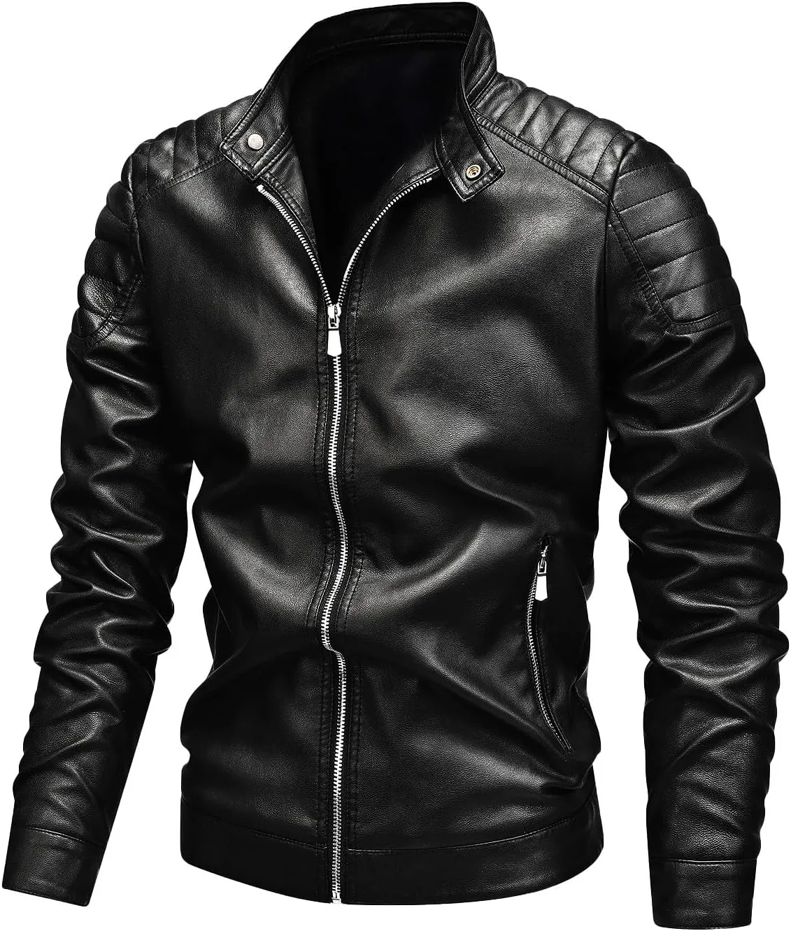 Leather Jacket Men Black Slim Fit Motorcyle Lightweight