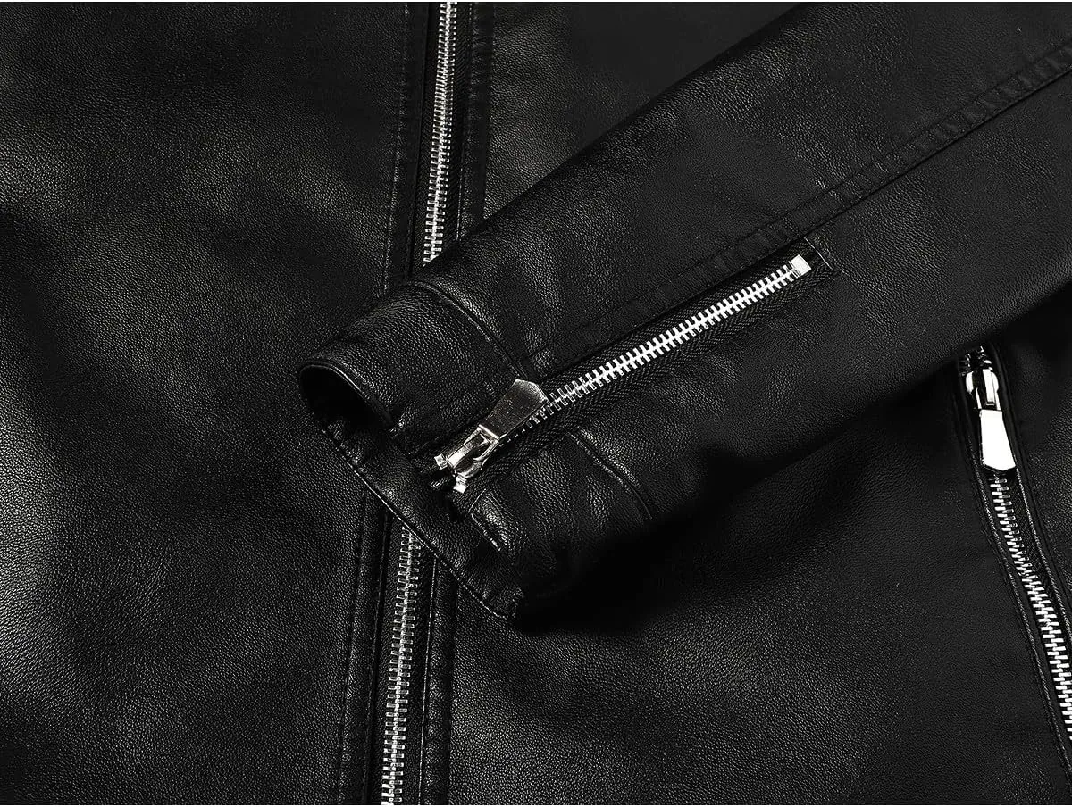 Leather Jacket Men Black Slim Fit Motorcyle Lightweight