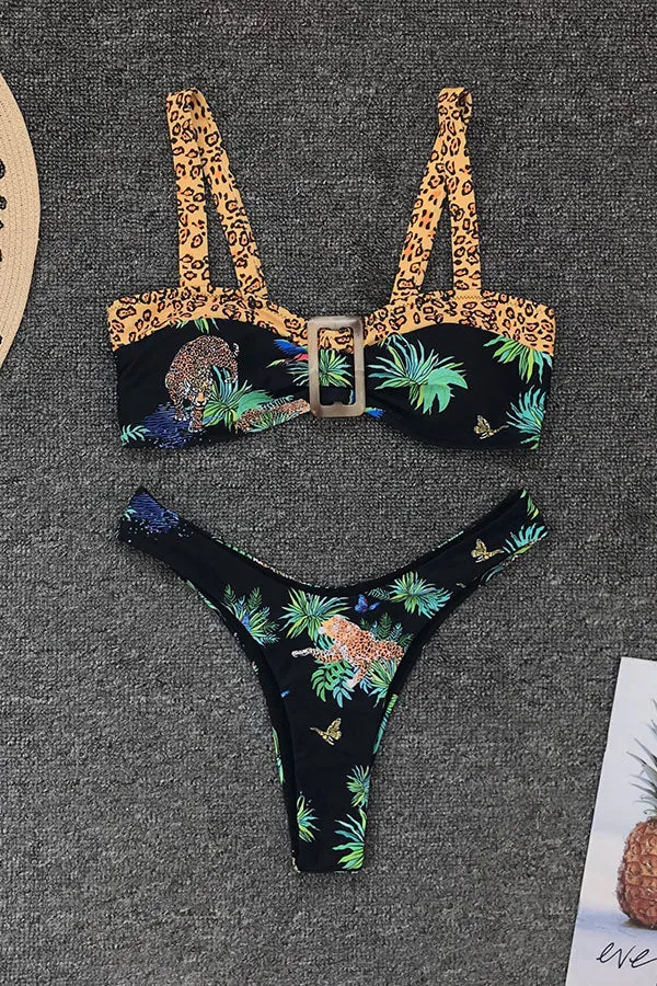 Leopard & Leaf Print Stylish Bikini With Square Ring