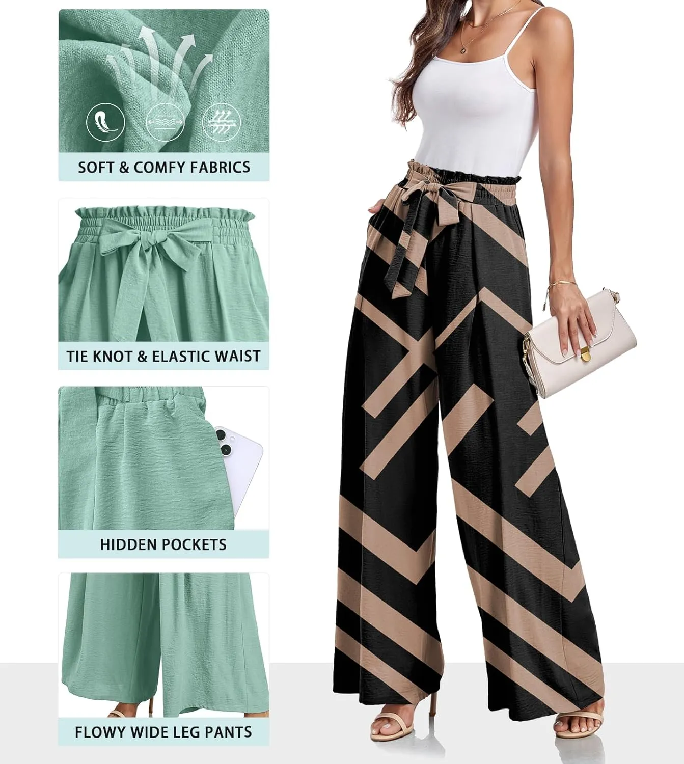 Lepunuo Wide Leg Pants for Women High Waisted Palazzo Pants Work Casual Flowy Tie Knot Trousers with Pockets