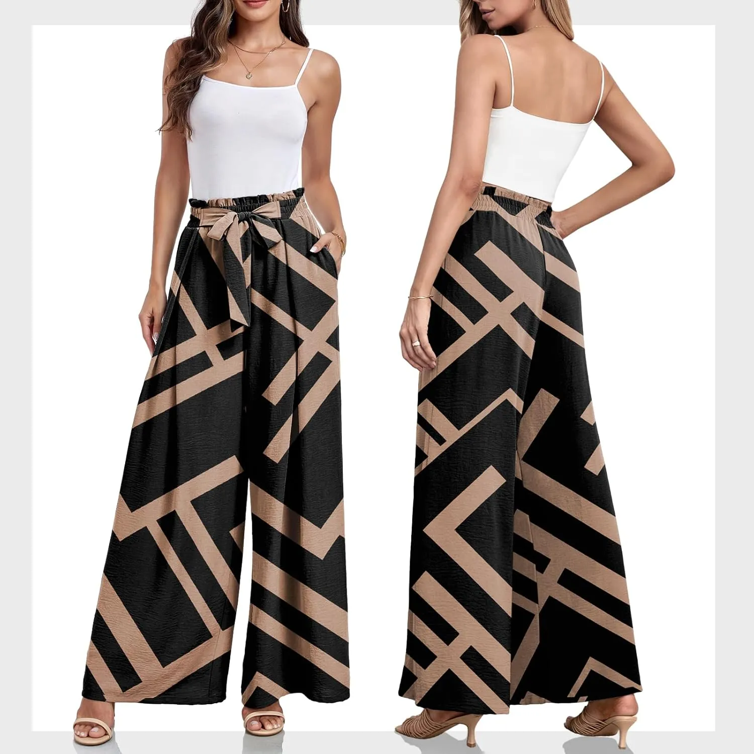 Lepunuo Wide Leg Pants for Women High Waisted Palazzo Pants Work Casual Flowy Tie Knot Trousers with Pockets