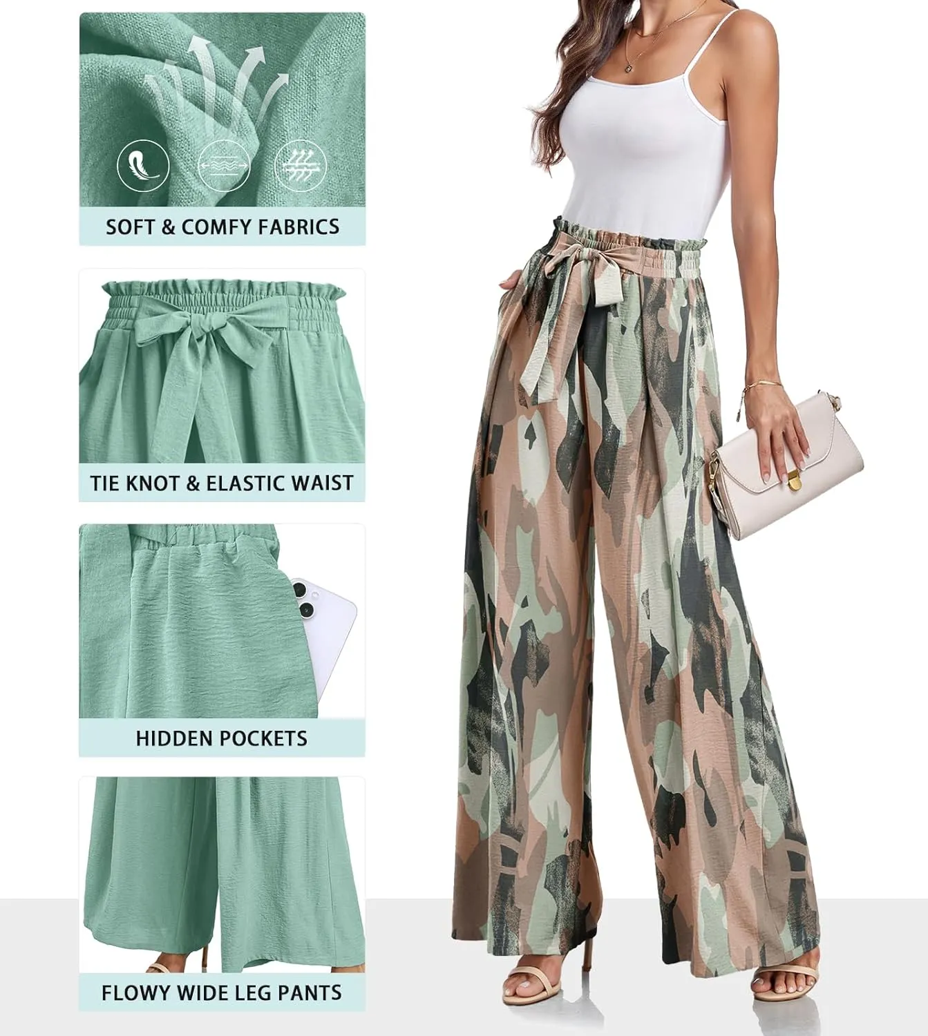 Lepunuo Wide Leg Pants for Women High Waisted Palazzo Pants Work Casual Flowy Tie Knot Trousers with Pockets