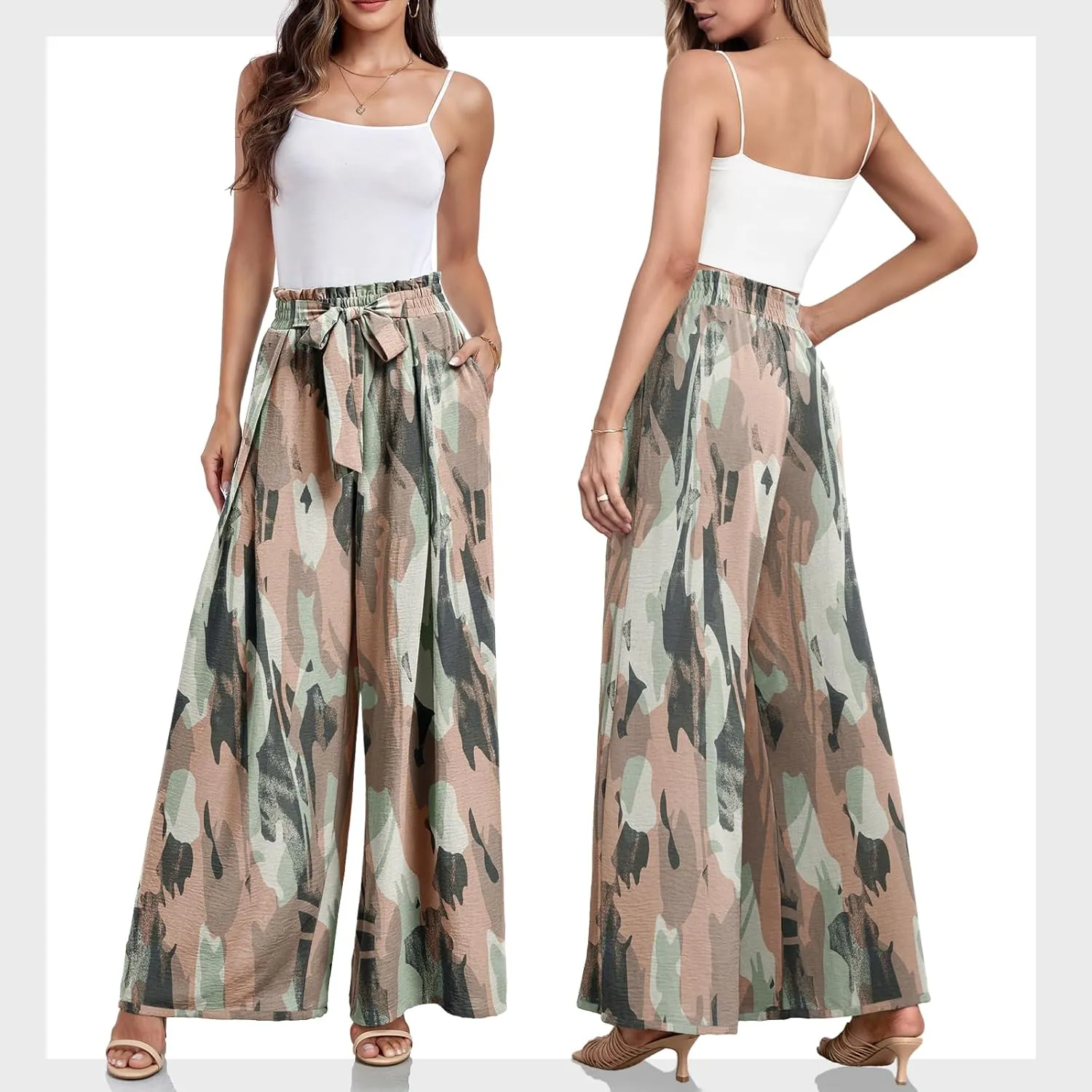 Lepunuo Wide Leg Pants for Women High Waisted Palazzo Pants Work Casual Flowy Tie Knot Trousers with Pockets