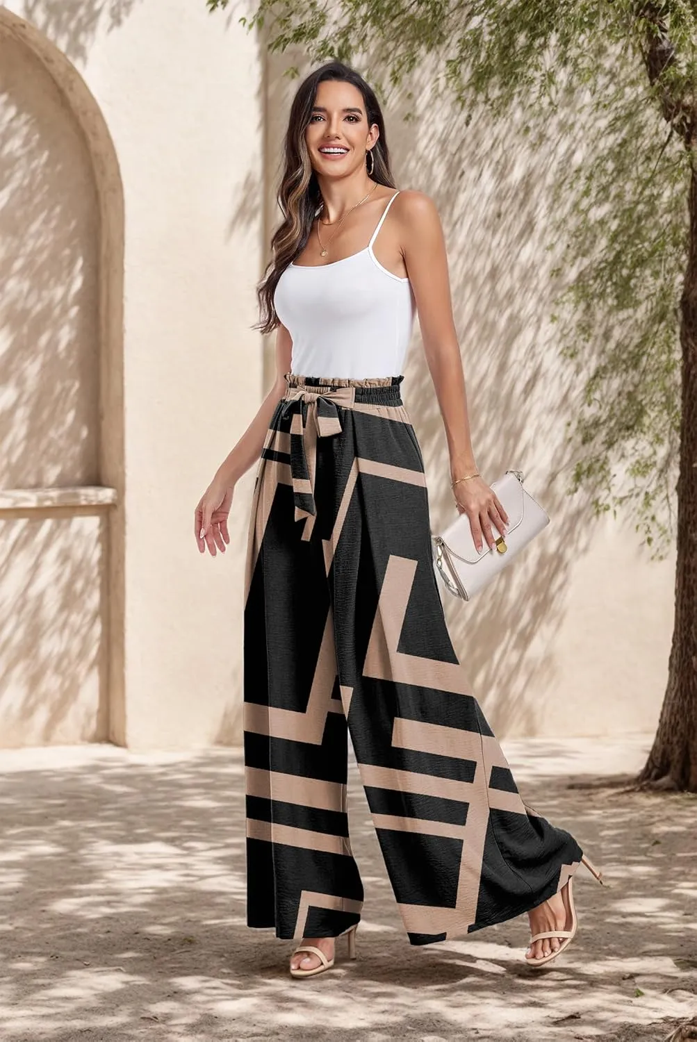 Lepunuo Wide Leg Pants for Women High Waisted Palazzo Pants Work Casual Flowy Tie Knot Trousers with Pockets
