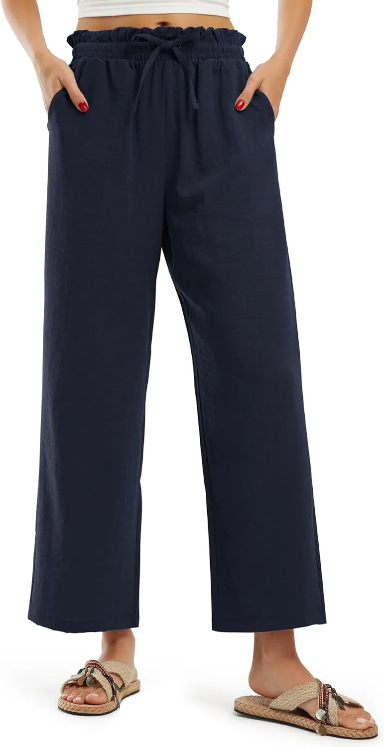 Libin Women's Imitation Linen Pants High Waist Wide Leg Casual Palazzo Pants Beach Cropped Trousers Summer Outfits
