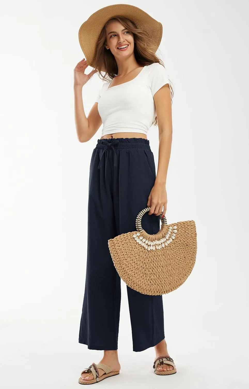 Libin Women's Imitation Linen Pants High Waist Wide Leg Casual Palazzo Pants Beach Cropped Trousers Summer Outfits