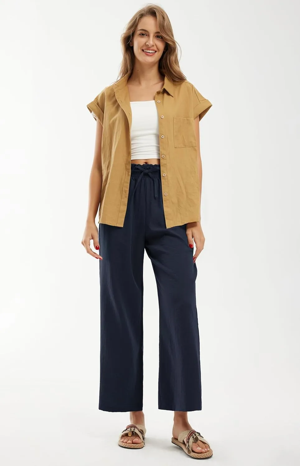 Libin Women's Imitation Linen Pants High Waist Wide Leg Casual Palazzo Pants Beach Cropped Trousers Summer Outfits