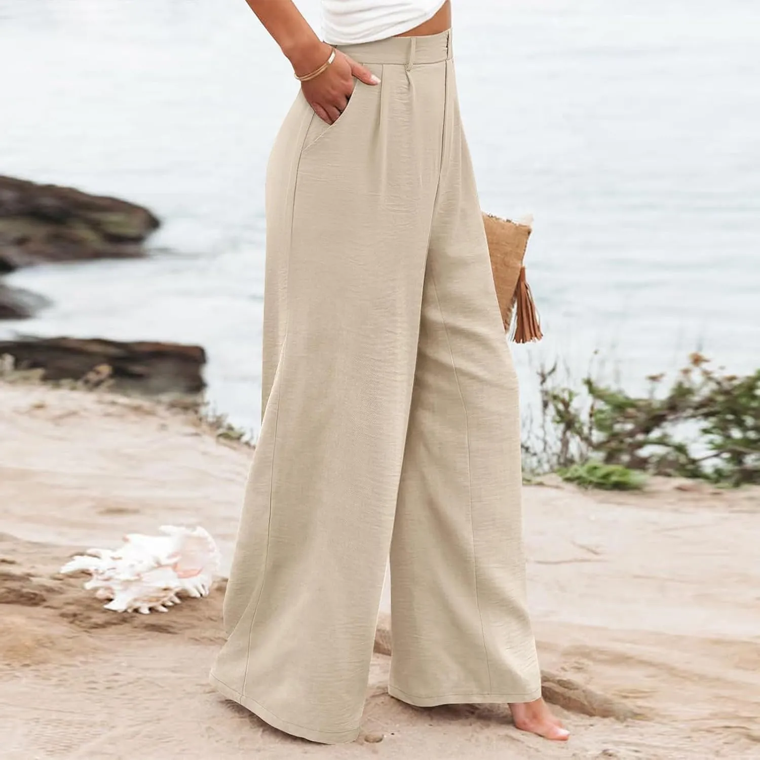 Linen Wide Leg Dress Pants Women High Elastic Wasided in The Back Work Pants Lounge Trousers with Pockets