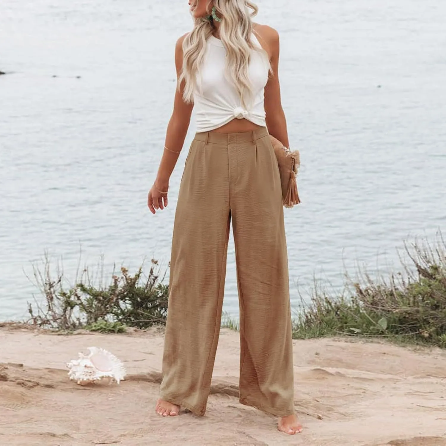 Linen Wide Leg Dress Pants Women High Elastic Wasided in The Back Work Pants Lounge Trousers with Pockets