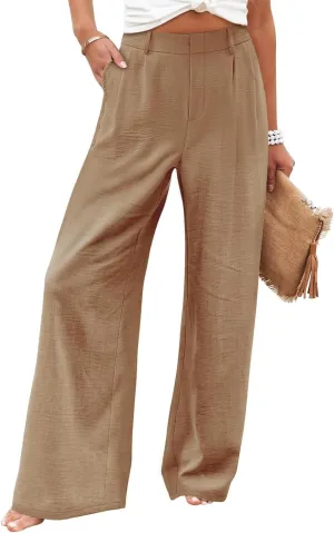 Linen Wide Leg Dress Pants Women High Elastic Wasided in The Back Work Pants Lounge Trousers with Pockets