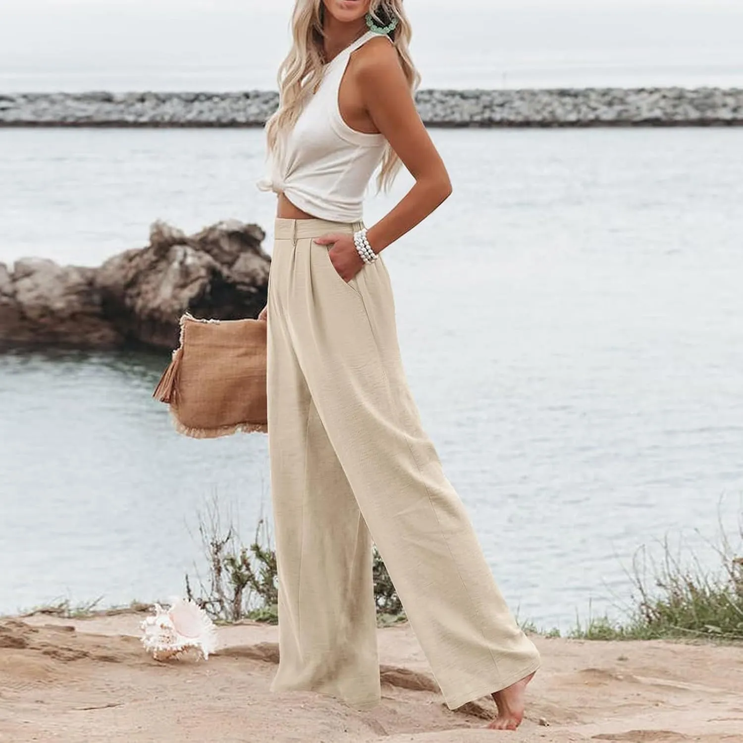 Linen Wide Leg Dress Pants Women High Elastic Wasided in The Back Work Pants Lounge Trousers with Pockets