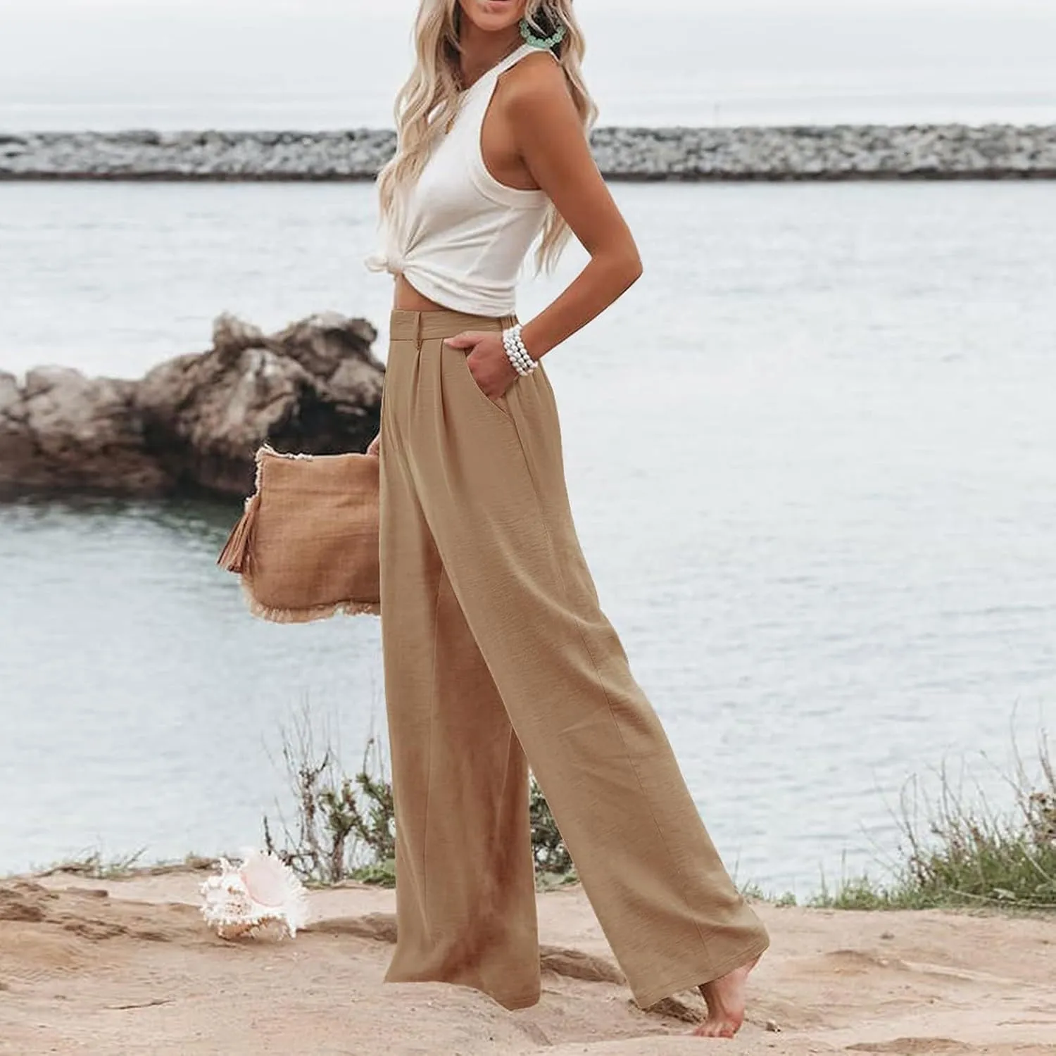 Linen Wide Leg Dress Pants Women High Elastic Wasided in The Back Work Pants Lounge Trousers with Pockets