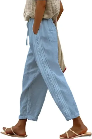 LOAIHA Women's Cotton Linen Pants Summer Casual Elastic High Waist Solid Straight Wide Leg Loose Fit Pants with Pockets