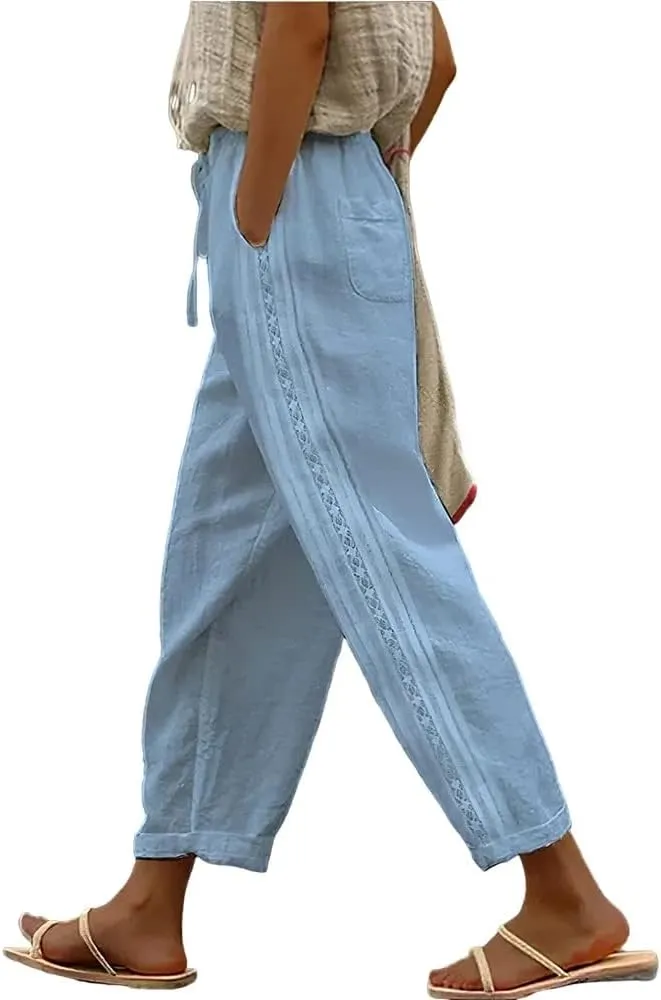 LOAIHA Women's Cotton Linen Pants Summer Casual Elastic High Waist Solid Straight Wide Leg Loose Fit Pants with Pockets