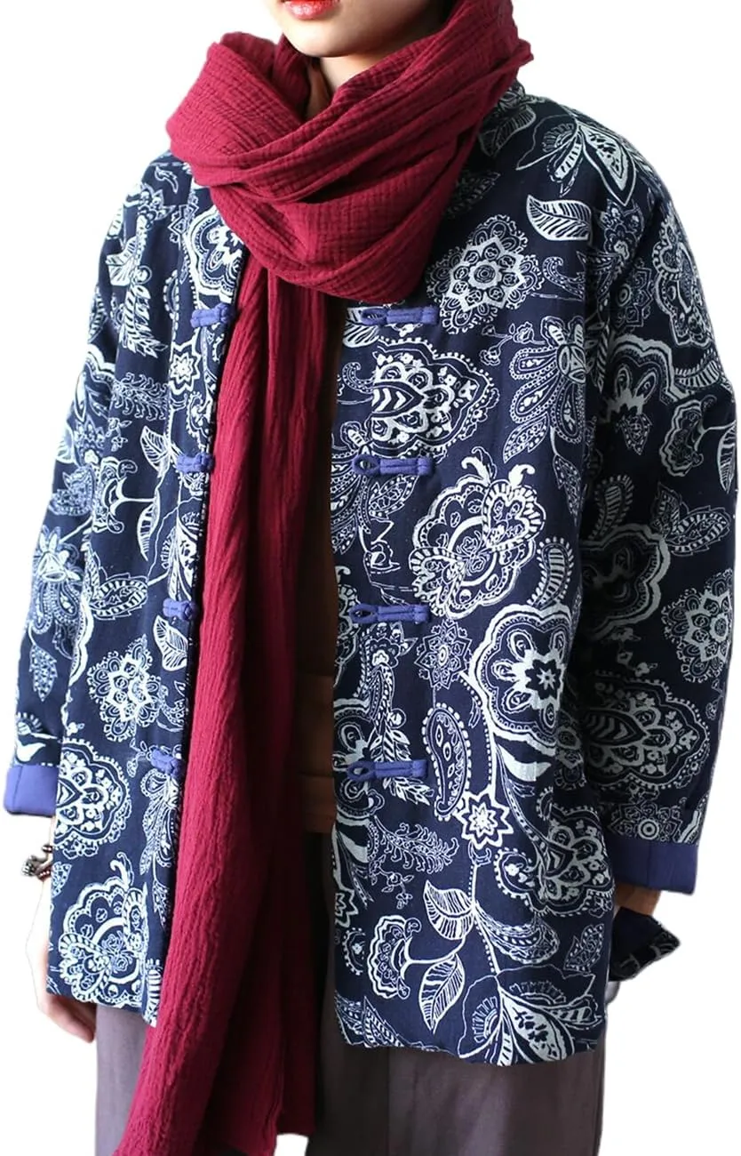 LUZU JUNU Women Chinese Ethnic Northeast Floral Printed Quilted Jacket Button Down Soft Cotton Padded Outwear