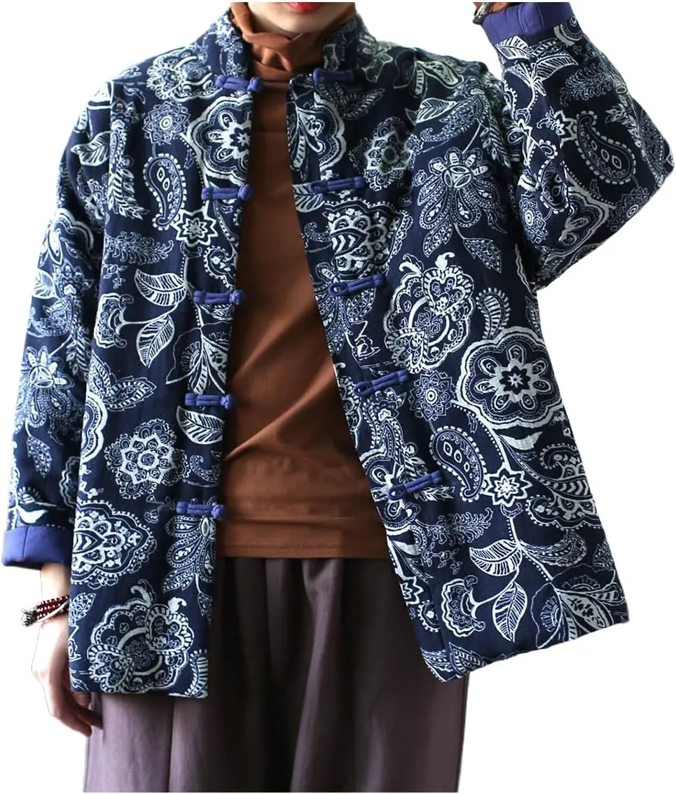 LUZU JUNU Women Chinese Ethnic Northeast Floral Printed Quilted Jacket Button Down Soft Cotton Padded Outwear