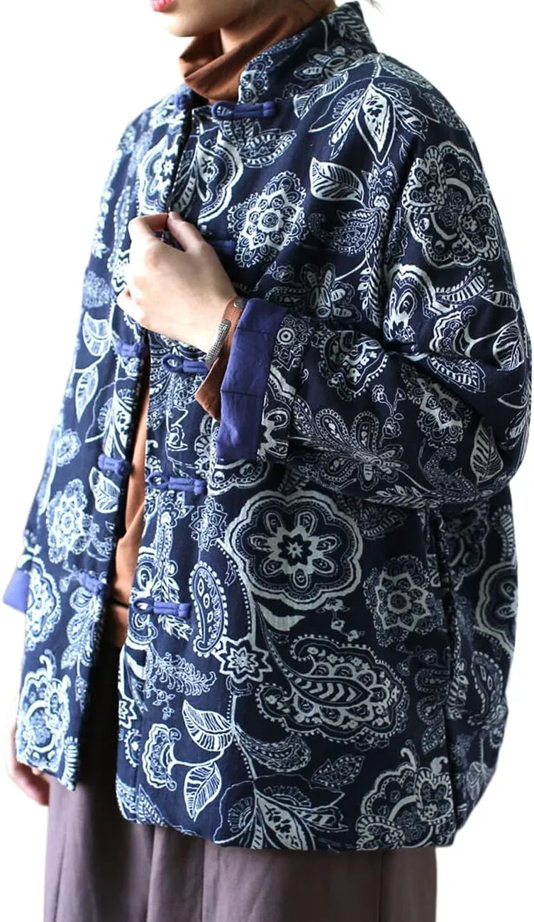 LUZU JUNU Women Chinese Ethnic Northeast Floral Printed Quilted Jacket Button Down Soft Cotton Padded Outwear