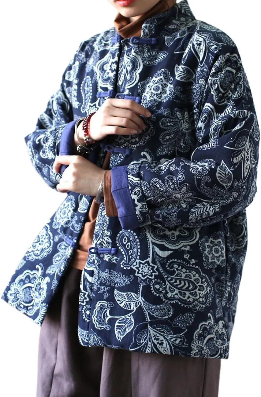LUZU JUNU Women Chinese Ethnic Northeast Floral Printed Quilted Jacket Button Down Soft Cotton Padded Outwear