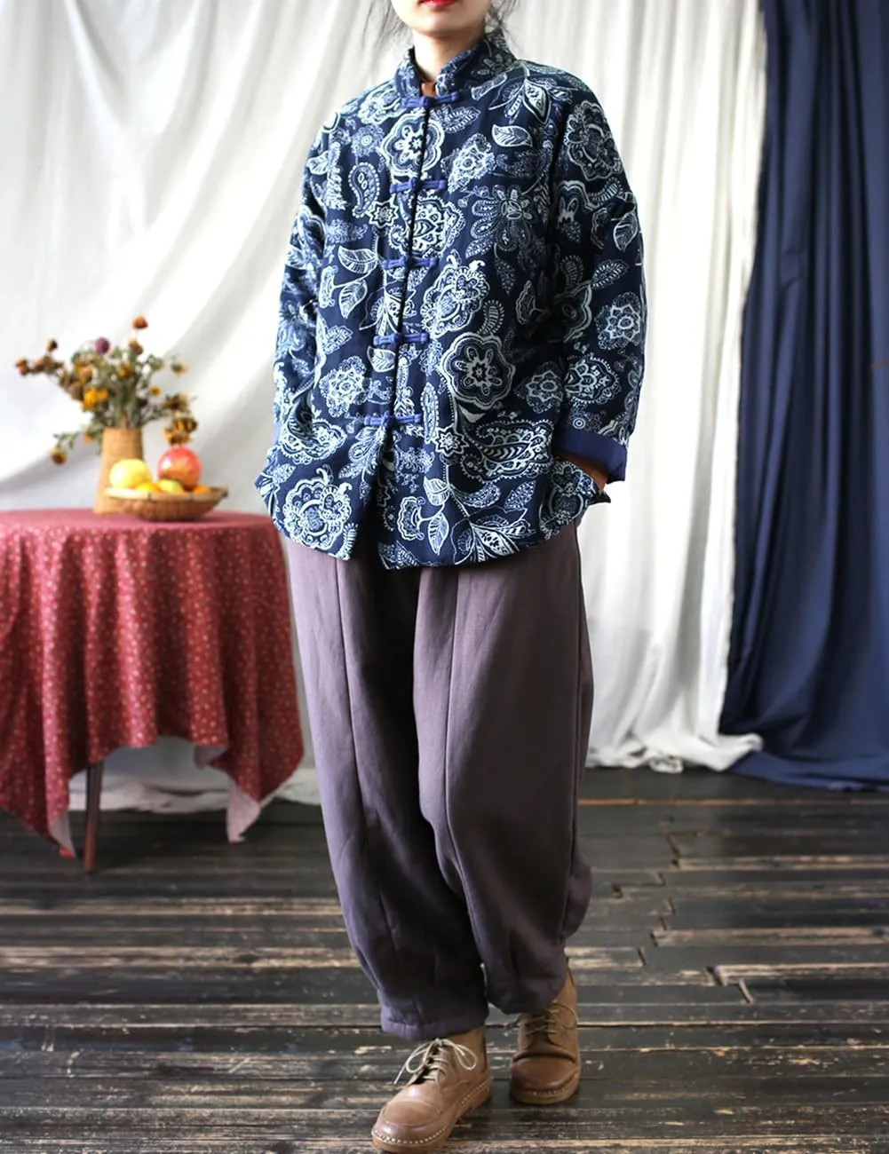 LUZU JUNU Women Chinese Ethnic Northeast Floral Printed Quilted Jacket Button Down Soft Cotton Padded Outwear