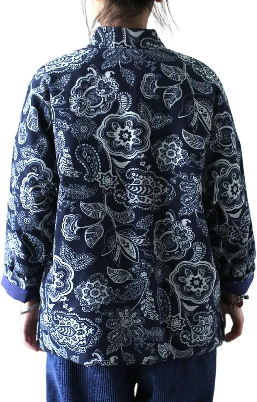 LUZU JUNU Women Chinese Ethnic Northeast Floral Printed Quilted Jacket Button Down Soft Cotton Padded Outwear