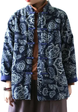 LUZU JUNU Women Chinese Ethnic Northeast Floral Printed Quilted Jacket Button Down Soft Cotton Padded Outwear