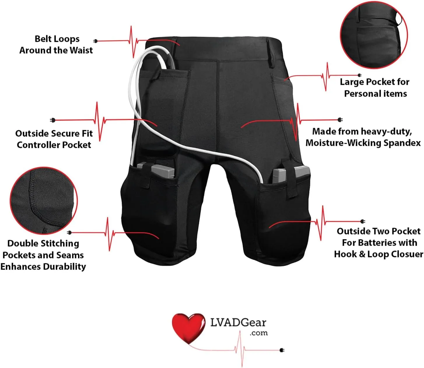 LVAD Medical Shorts Unisex for Heartmate 2 & 3  Comfortable & Durable | Available in White & Black