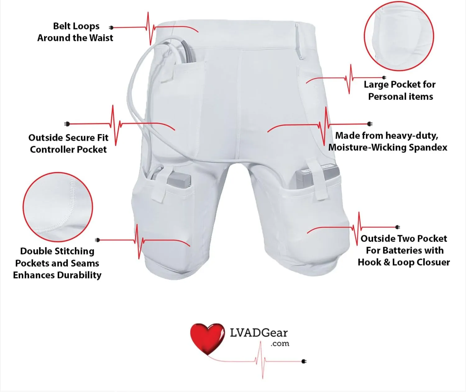 LVAD Medical Shorts Unisex for Heartmate 2 & 3  Comfortable & Durable | Available in White & Black