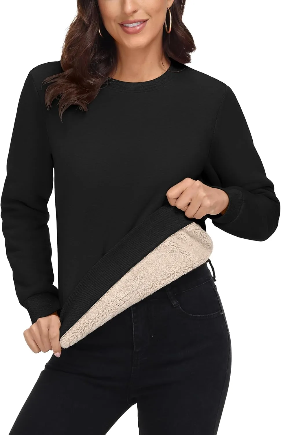 MAGCOMSEN Women's Sherpa Lined Sweatshirts Thermal Casual Crewneck Fleece Pullover Winter Warm Thick Long Sleeve Tops