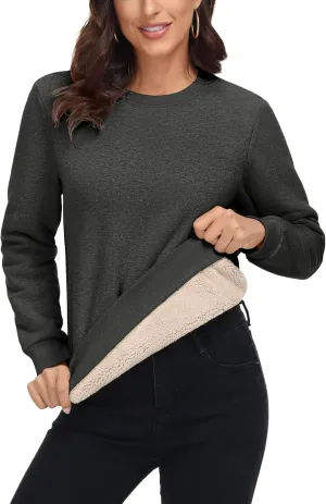 MAGCOMSEN Women's Sherpa Lined Sweatshirts Thermal Casual Crewneck Fleece Pullover Winter Warm Thick Long Sleeve Tops