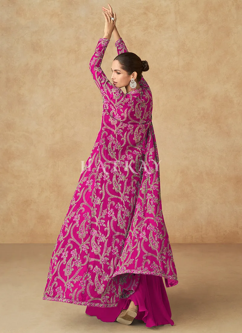 Magenta Embroidered Jacket Style Palazzo Suit