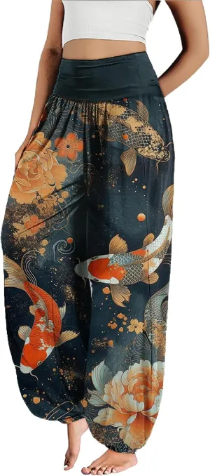 MARSVOVO Harem Pants Women Novelty Print Art Style Wide Leg Plus Size High Weist Flowy Japanese Pants