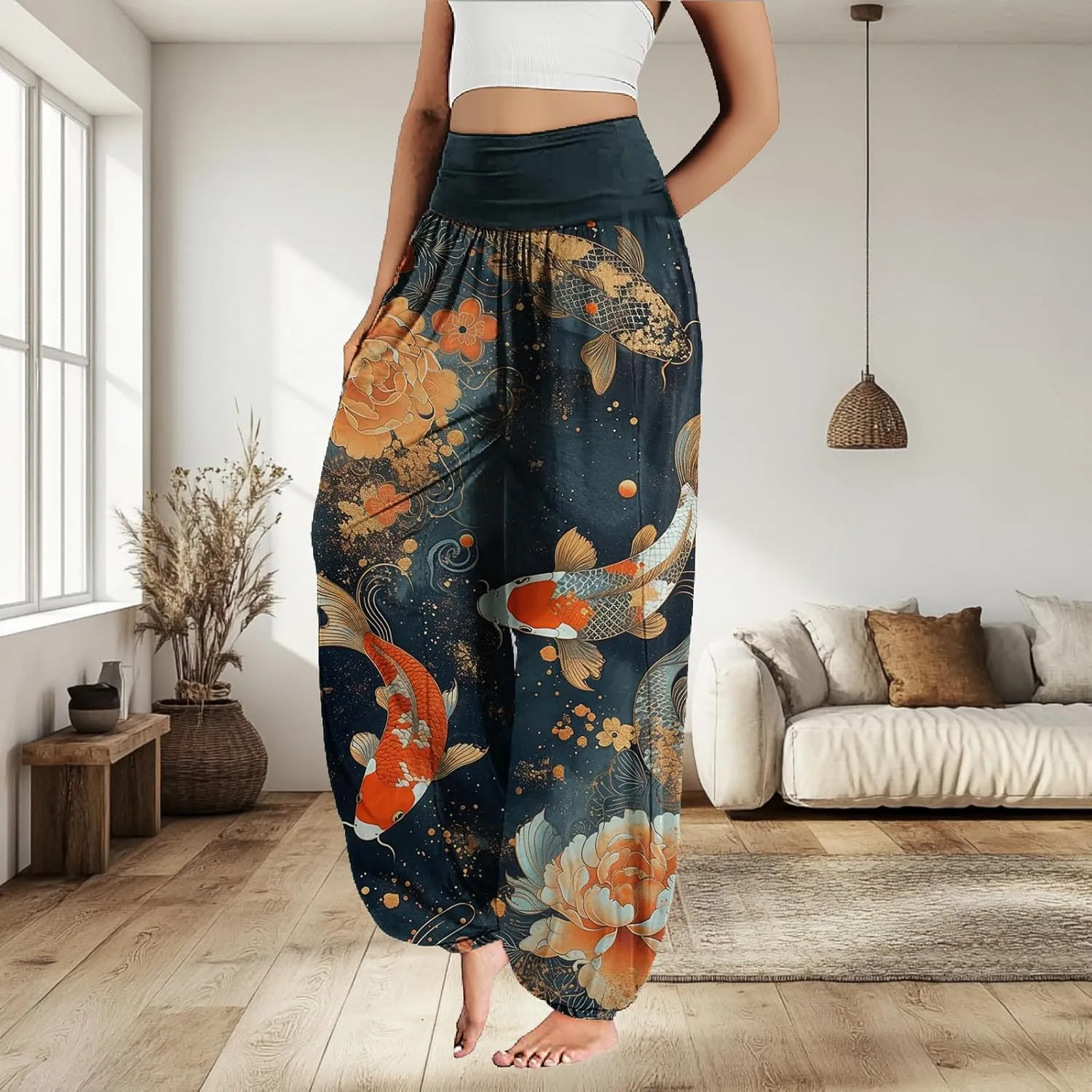 MARSVOVO Harem Pants Women Novelty Print Art Style Wide Leg Plus Size High Weist Flowy Japanese Pants