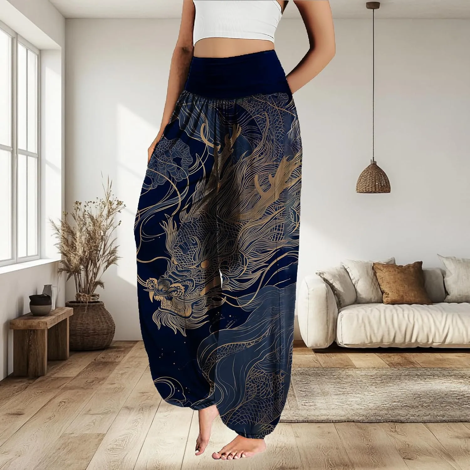 MARSVOVO Harem Pants Women Novelty Print Art Style Wide Leg Plus Size High Weist Flowy Japanese Pants