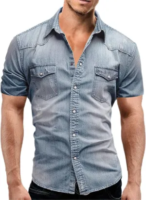 MARSVOVO Mens Short Sleeve Denim Shirt Beach Denim Button Down Tank Tops Basic Scoop Neck Solid Jean Vest with Pockets