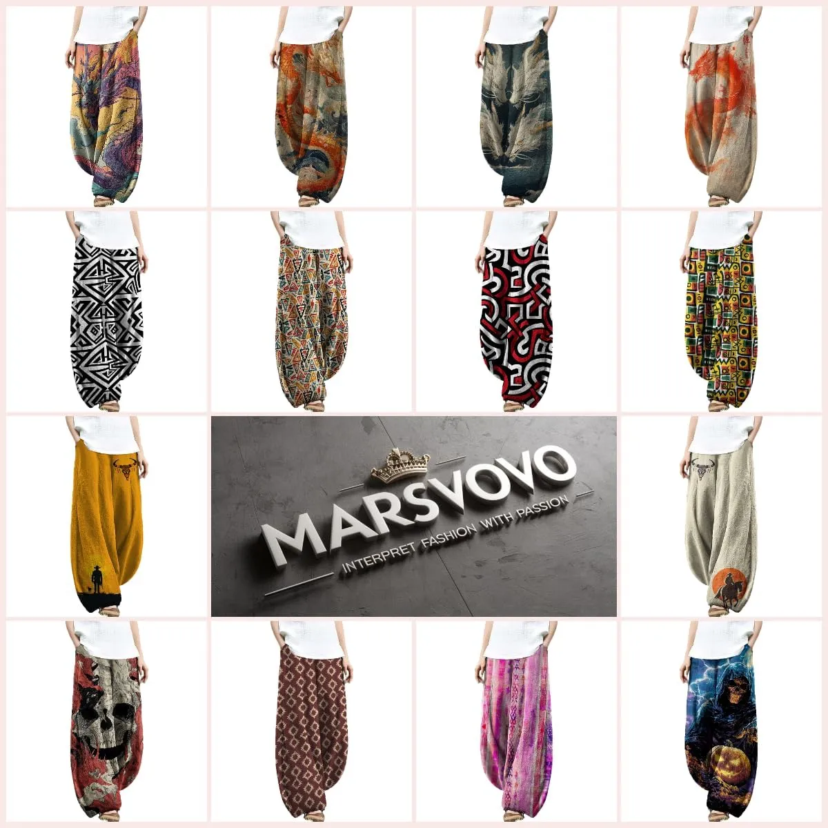 MARSVOVO Palazzo Pants for Women Dressy Elastic Waist Streetwear Hippie Pants Plus Size Casual Fall Harem Wide Leg Pants