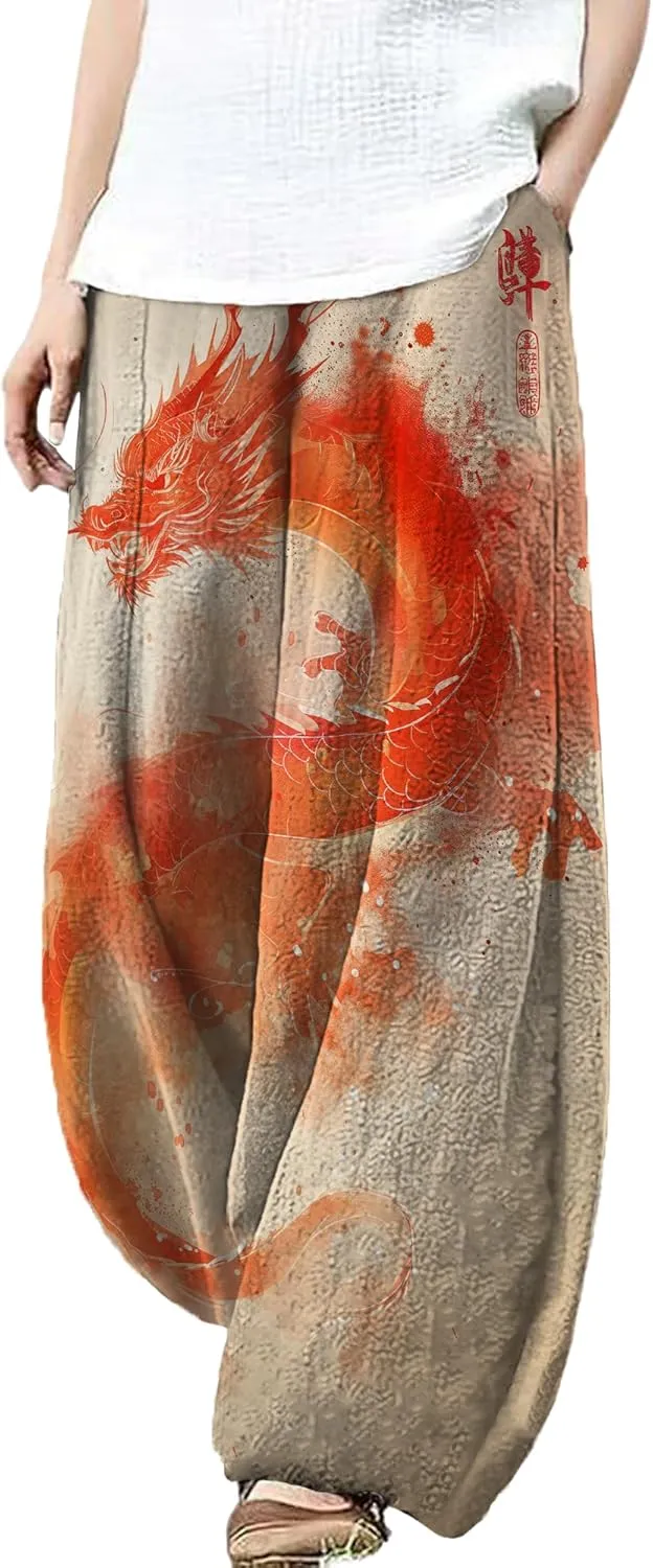 MARSVOVO Palazzo Pants for Women Dressy Elastic Waist Streetwear Hippie Pants Plus Size Casual Fall Harem Wide Leg Pants